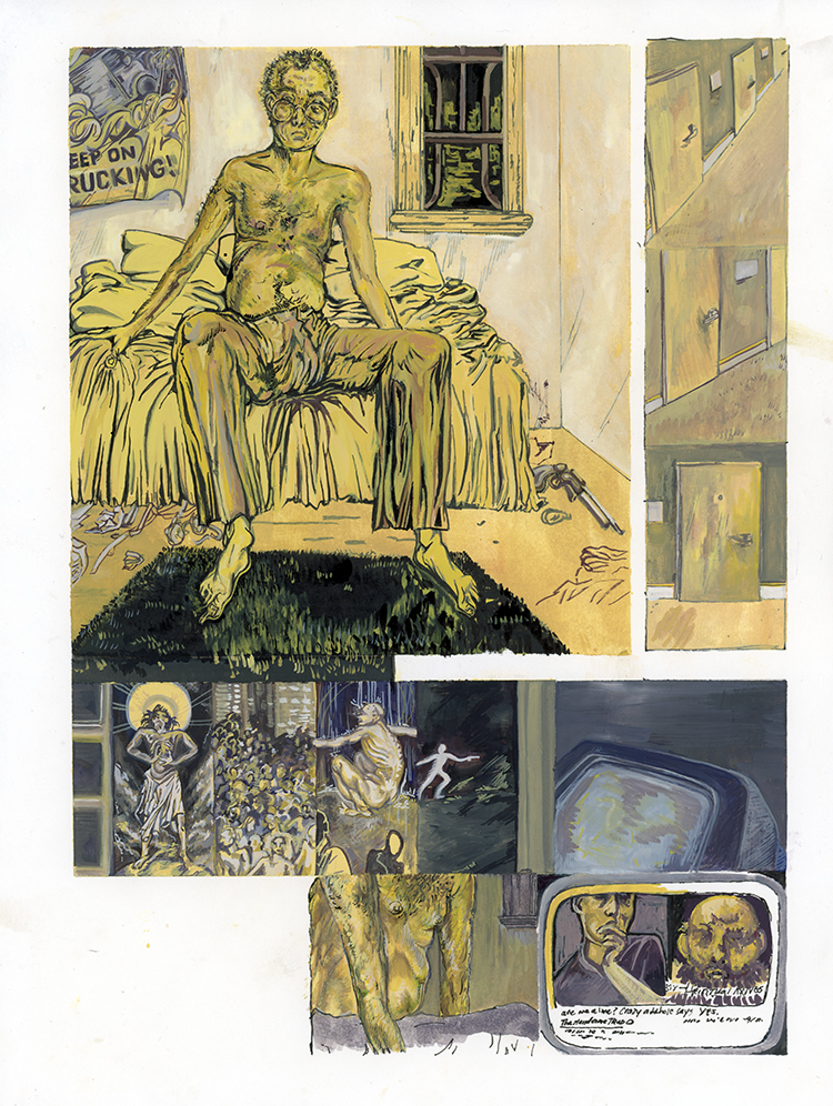 Painting of a yellow man in a seedy apartment